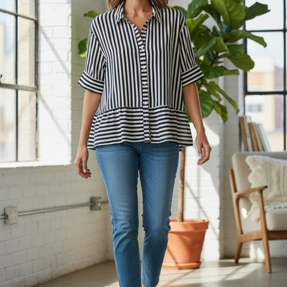 Jane and Delancey Black and White Striped Button Down Shirt